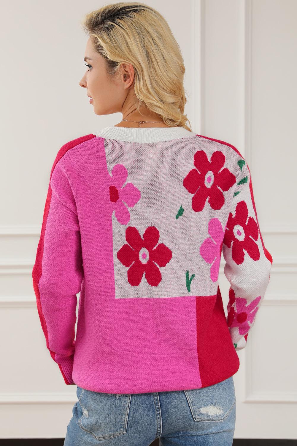 Rose Red Floral Mixed Color Block Sweater - L & M Kee, LLC