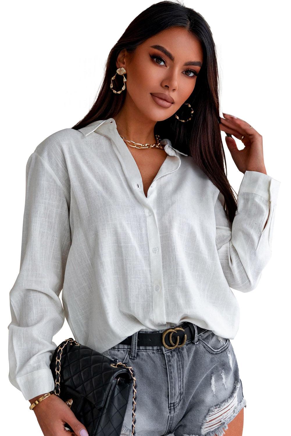 White Textured Solid Color Basic Shirt - L & M Kee, LLC