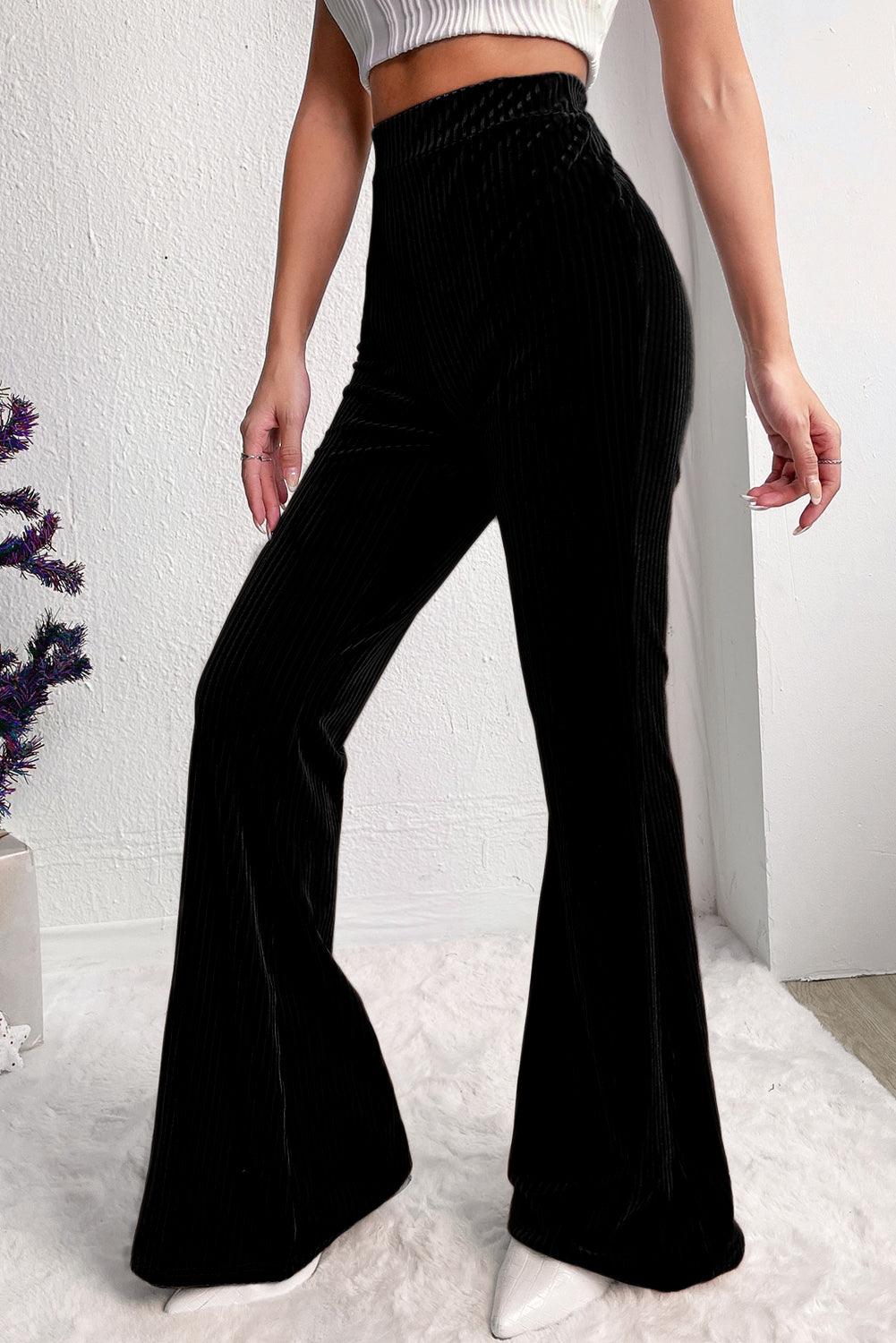 Black Solid Color High Waist Flare Corduroy Pants - L & M Kee, LLC