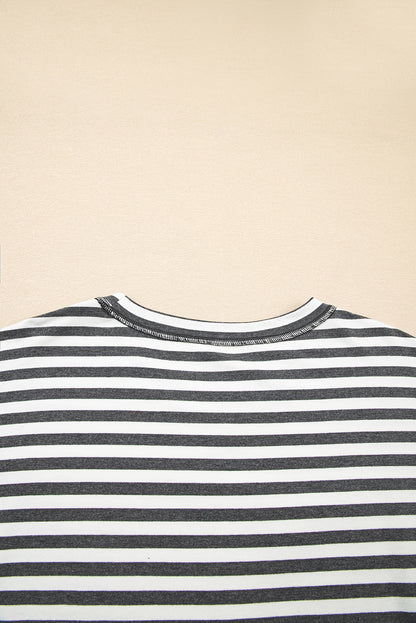 Gray Stripe Starry Patch Drop Shoulder Raw Edge Casual Knit Top