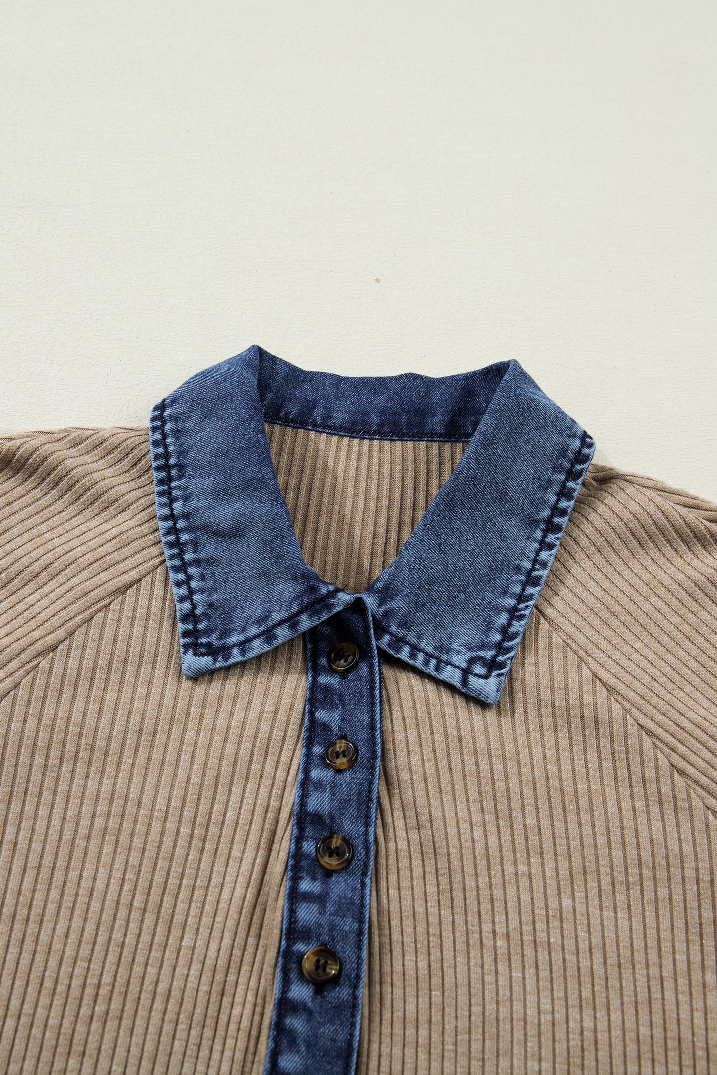 Beige Ribbed Knit Denim Patchwork Button Polo Collar Cuffed Long Sleeve Top