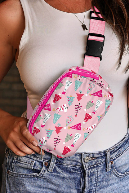 Pink Christmas Tree Print Buckle Wide Strap Sling Bag