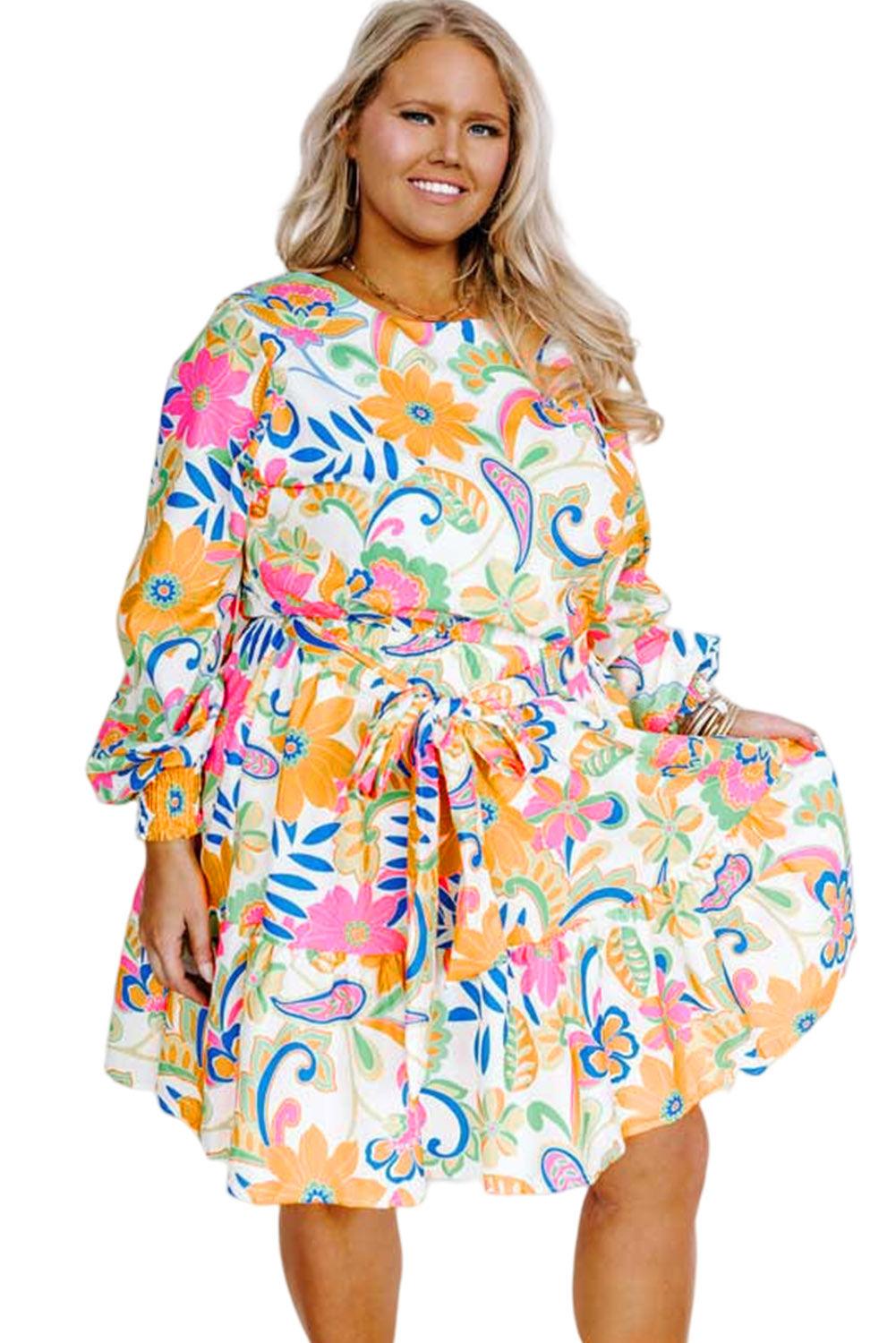 Orange Paisley Floral Print Belted Plus Size Dress - L & M Kee, LLC