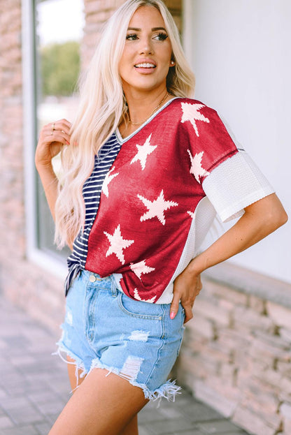 Multicolor Stripes Stars Print Knit Short Sleeves Top - L & M Kee, LLC