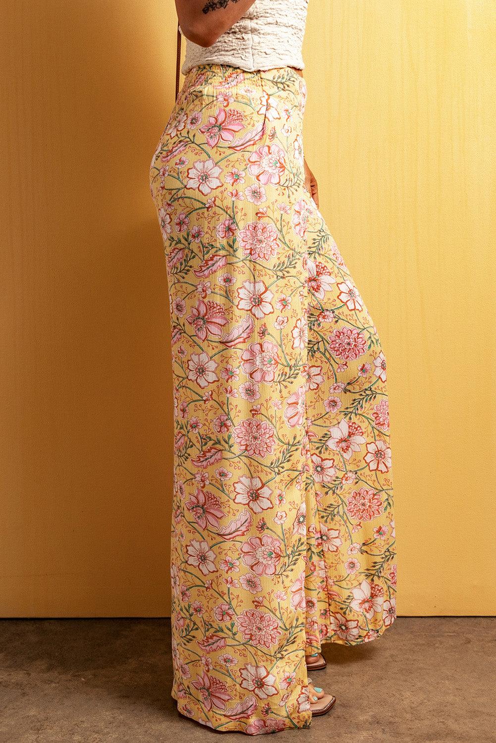 Yellow Floral Print High Slit Wide Leg Pants - L & M Kee, LLC