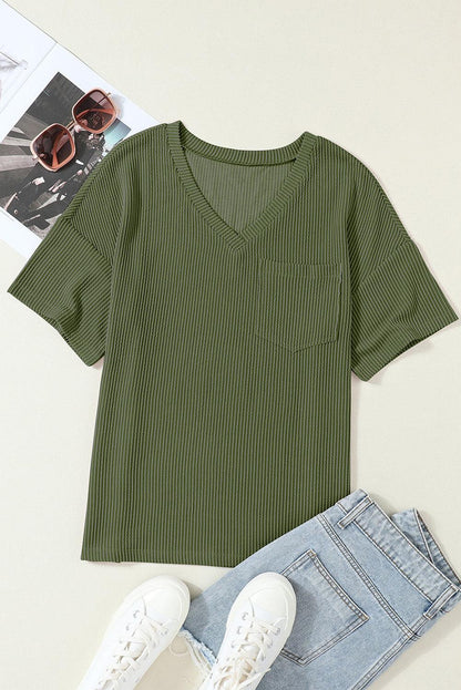 Jungle Green Corded V Neck Chest Pocket Loose T-shirt - L & M Kee, LLC