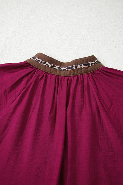 Violet Leopard Trim V Neck Flounced Bracelet Sleeve Blouse