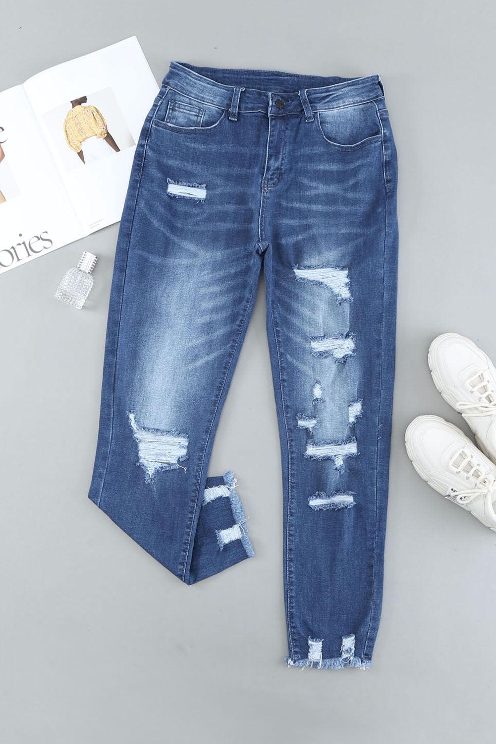 Light Blue Distressed Boyfriend Denim Pants - L & M Kee, LLC