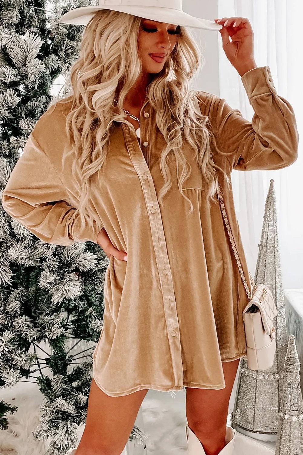 Flaxen Velvet Button Front Shirt Mini Dress - L & M Kee, LLC