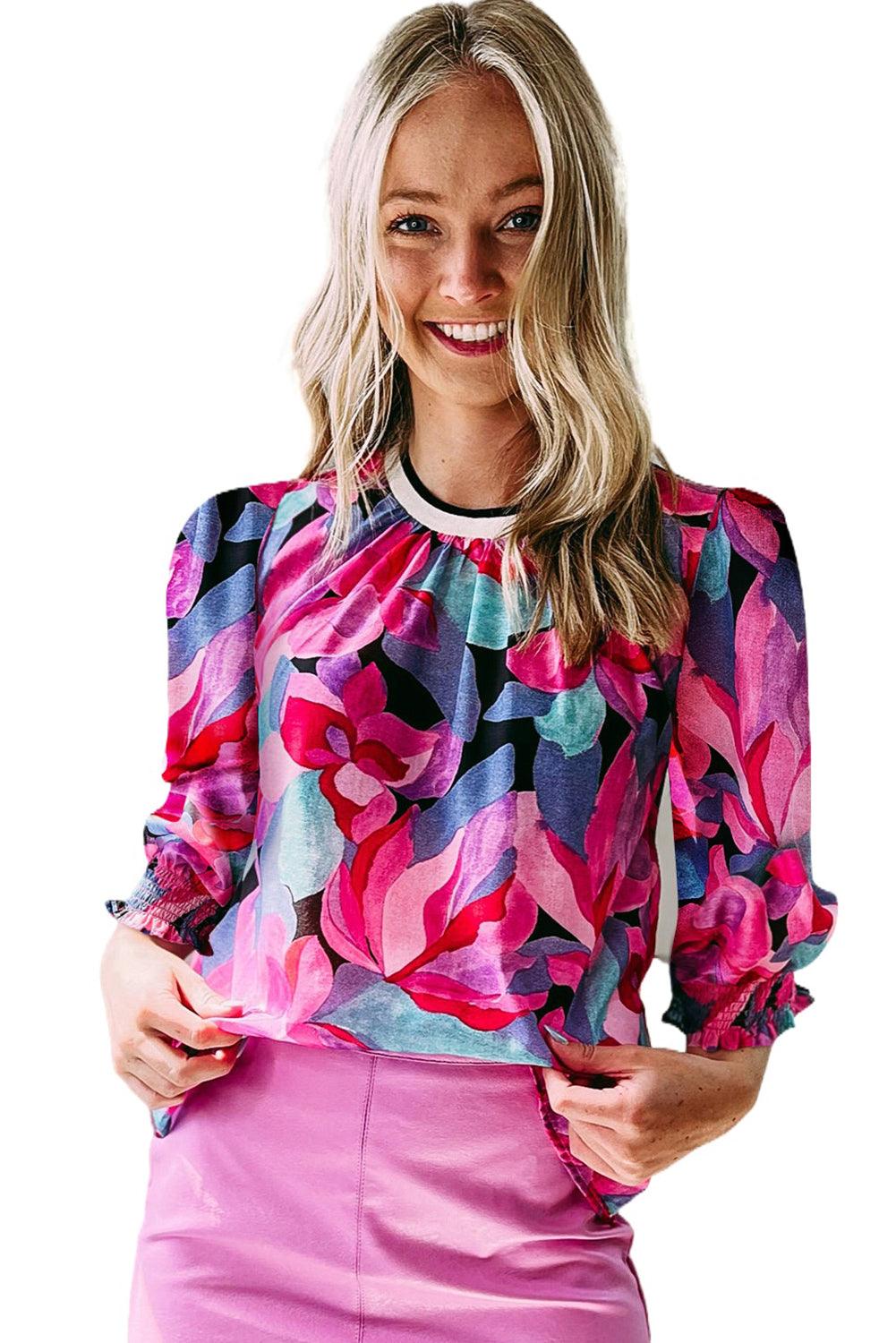 Multicolor Floral Print Ruched Sleeve Puff Sleeve Blouse - L & M Kee, LLC