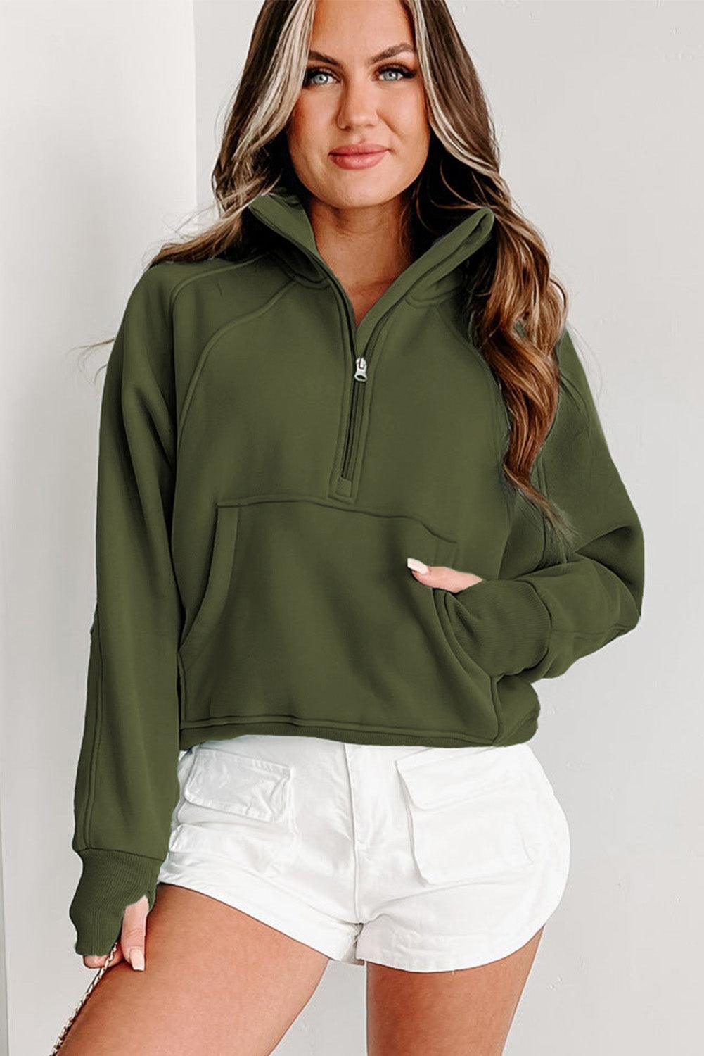 Zip Up Stand Collar Ribbed Thumbhole Sleeve Sweatshirt - L & M Kee, LLC