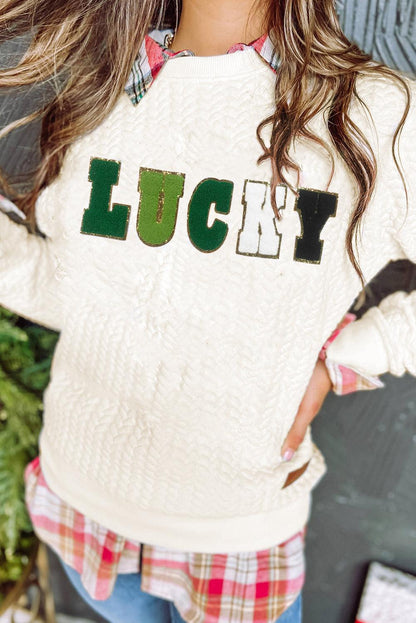 White LUCKY Chenille Embroidered Cable Knit Pullover Sweatshirt - L & M Kee, LLC