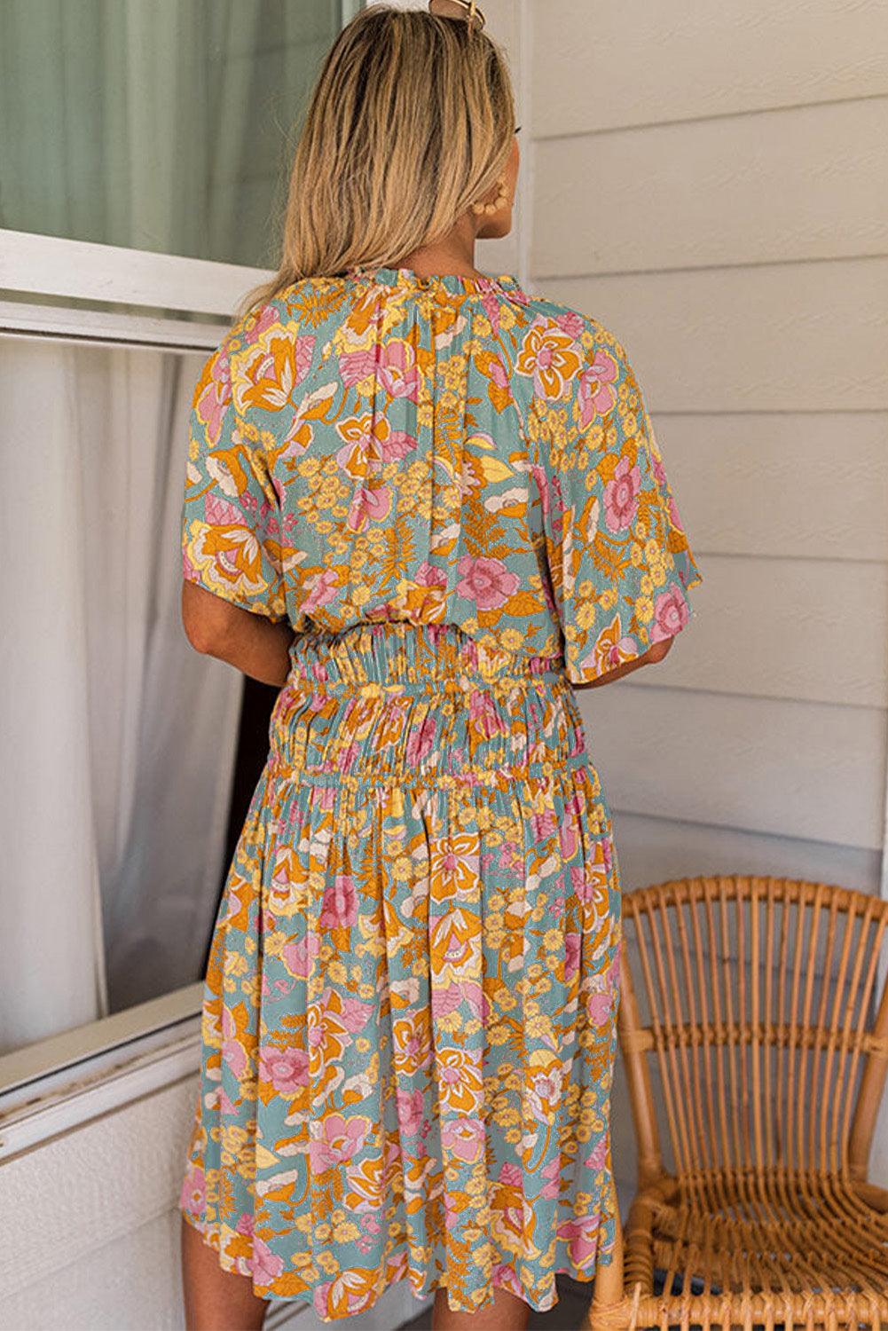 Boho Wide Sleeve Smocked Waist Floral Dress - L & M Kee, LLC