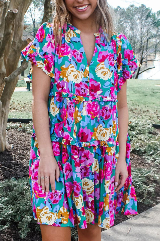 Green Rose Floral Print Ruffled Short Dress - L & M Kee, LLC