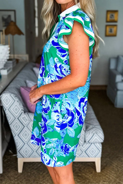Bright Green Contrast Floral Print Collared V Neckline Ruffled Cap Sleeve Shift Dress with Pockets