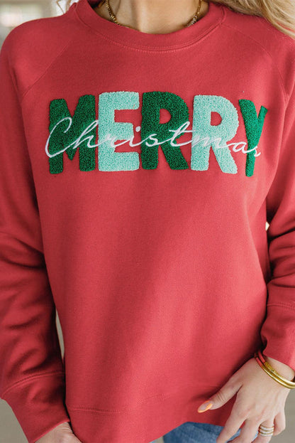 Fiery Red Chenille MERRY Christmas Raglan Sleeve Sweatshirt - L & M Kee, LLC