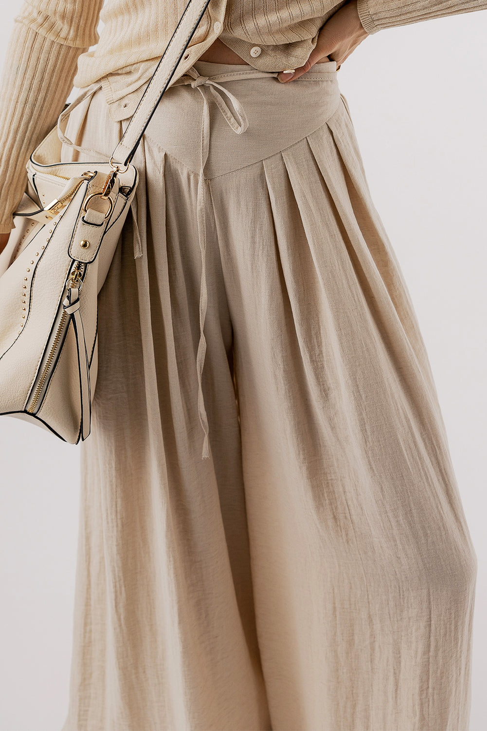 Beige Drawstring Waist Pleated Wide Leg Casual Pants