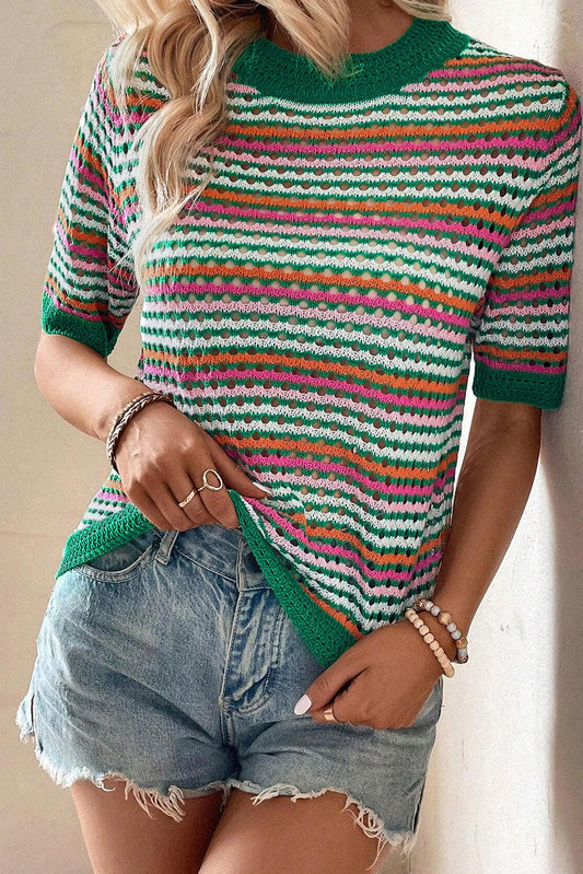 Dark Green Striped Pattern Contrast Trim Pointelle Knit T Shirt - L & M Kee, LLC