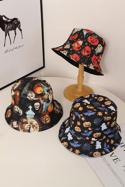 Orange Halloween Pumpkin Ghost Print Bucket Hat