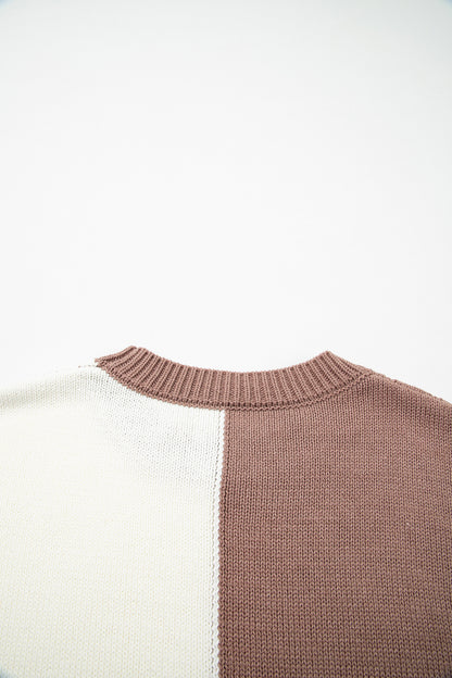 Coffee Mix Texture Colorblock Knit Baggy Sweater