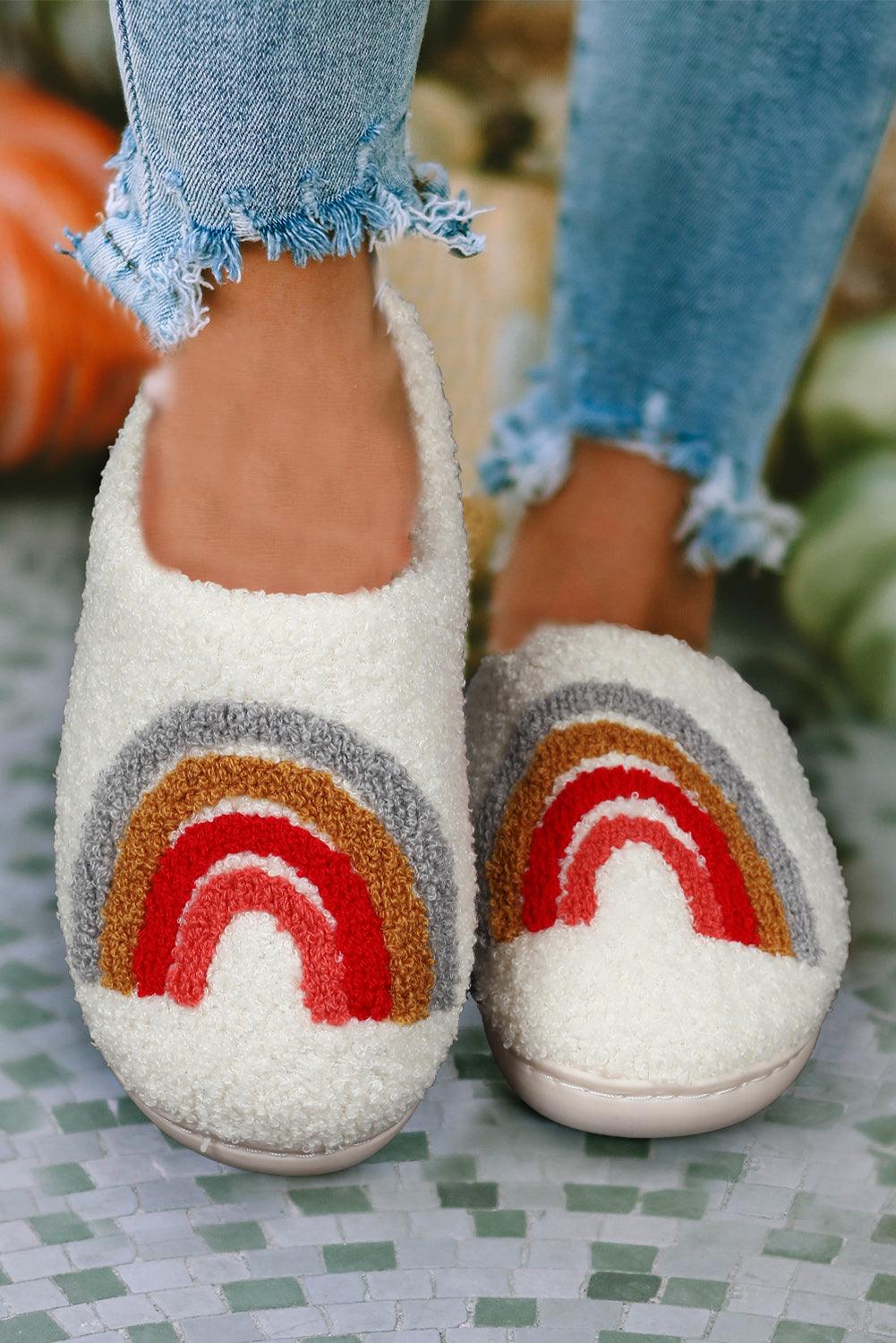 Bright White Rainbow Plush Winter Home Slippers - L & M Kee, LLC