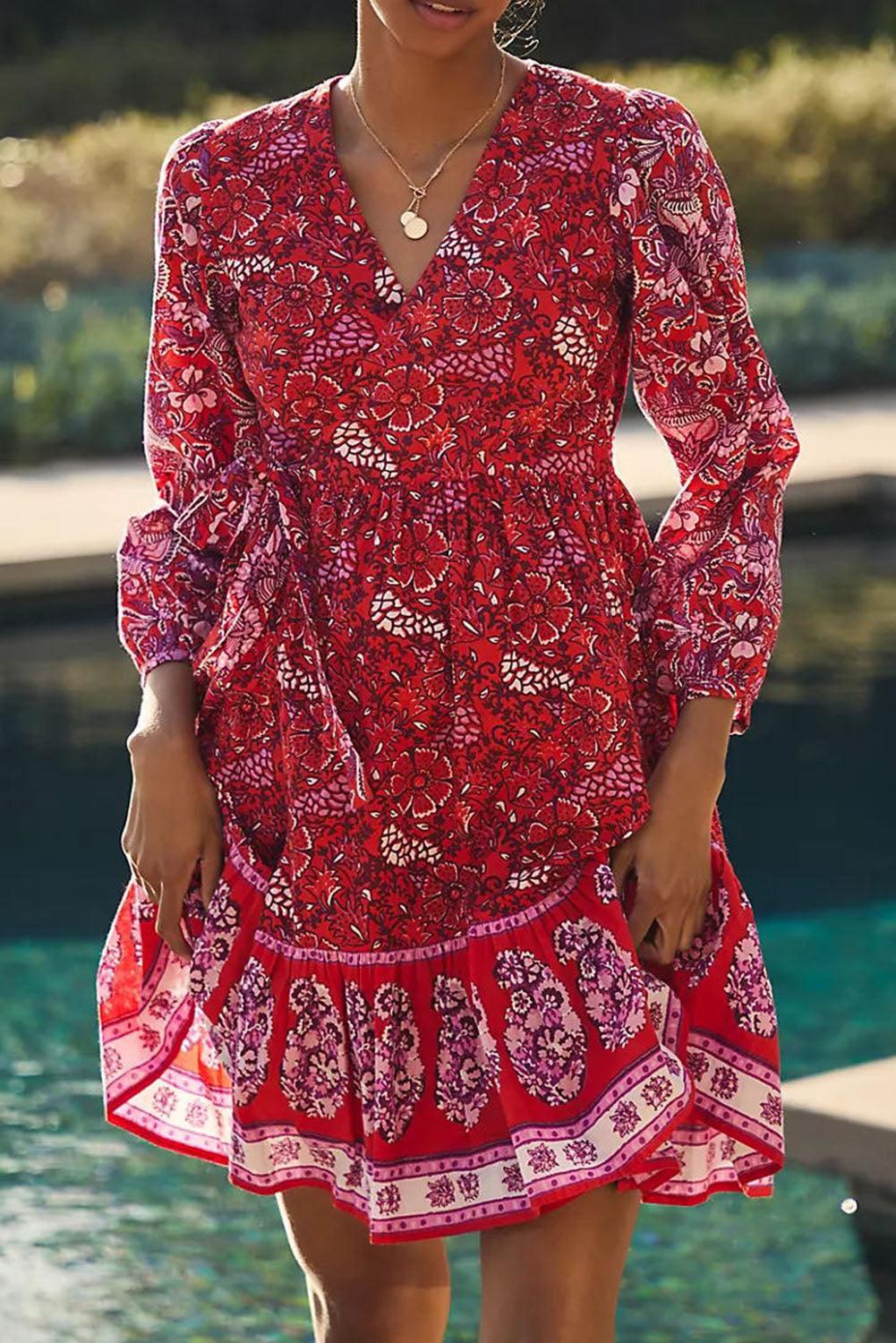 Red Hot Boho Floral Tie Wrap V Neck Ruffle Dress - L & M Kee, LLC