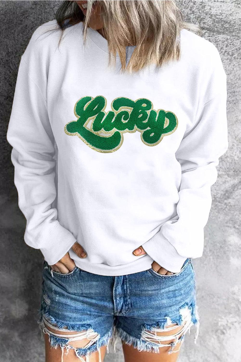 White Shiny Trim Chenille Lucky Pattern Sweatshirt - L & M Kee, LLC