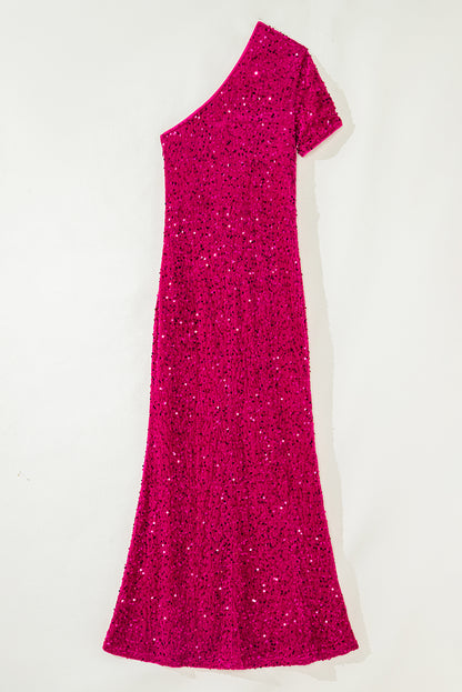 Pitaya Pink One Shoulder Thigh High Split Bodycon Sequin Gown