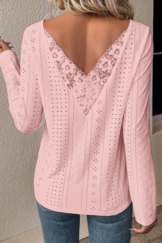 Light Pink Floral Lace Splicing Eyelet Long Sleeve Top - L & M Kee, LLC