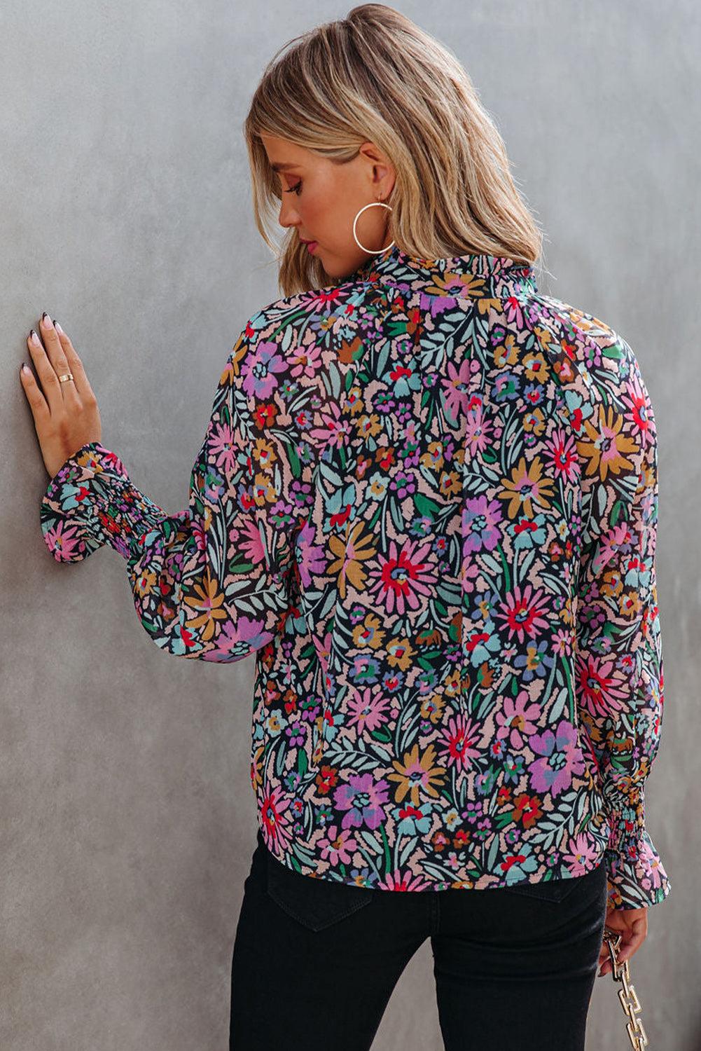 Multicolor Floral Print Ruffled Long Sleeve V-Neck Blouse - L & M Kee, LLC