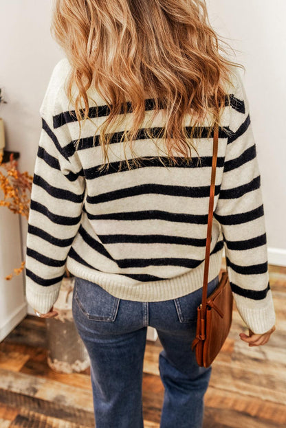 Apricot Striped Knit Drop Shoulder Collared V Neck Sweater - L & M Kee, LLC