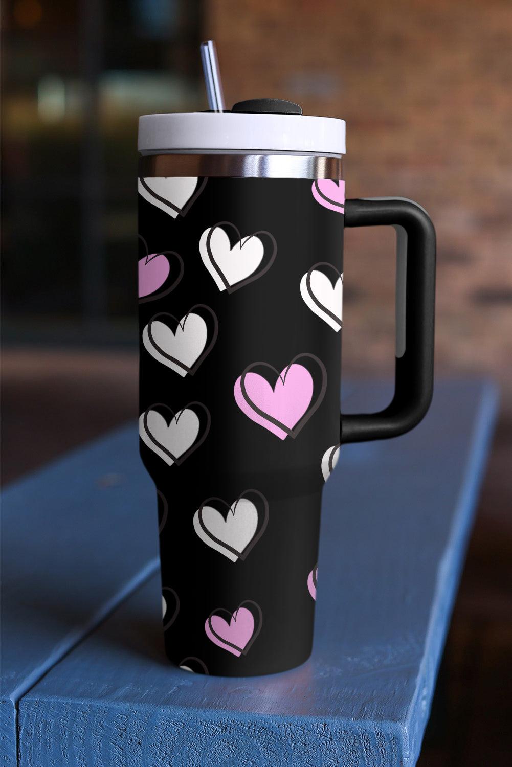 Black Valentines Heart Printed Thermos Cup with Handle - L & M Kee, LLC