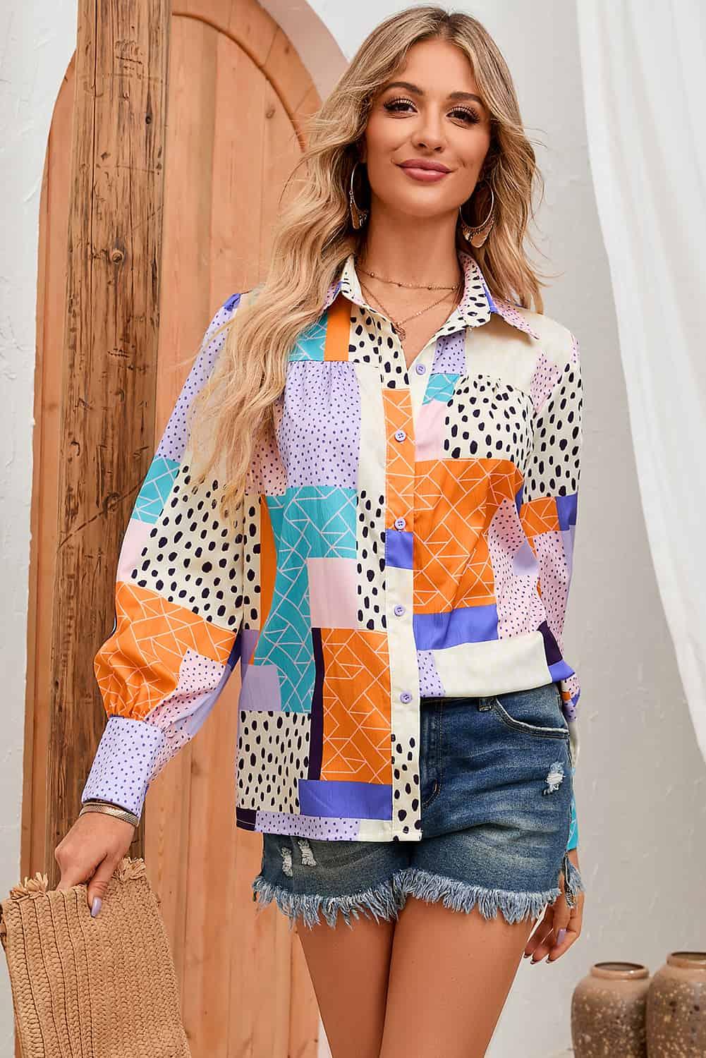 Multicolor Mixed Print Button Front Cuffed Sleeve Shirt - L & M Kee, LLC