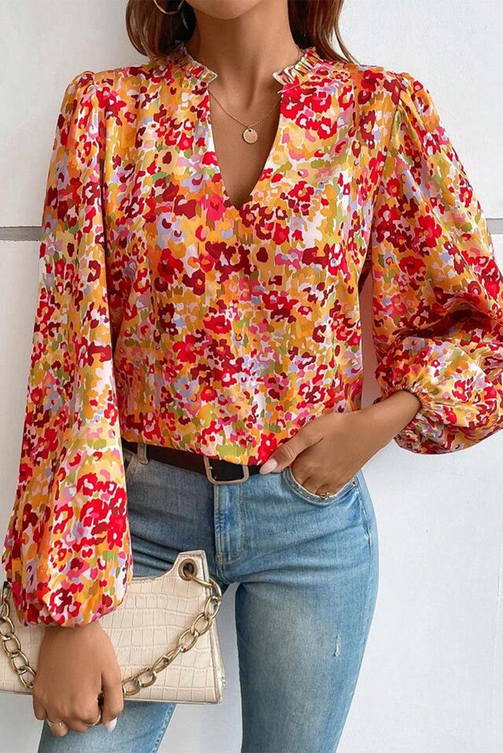 Grapefruit Orange Frilled Split Neck Bubble Sleeve Floral Blouse - L & M Kee, LLC