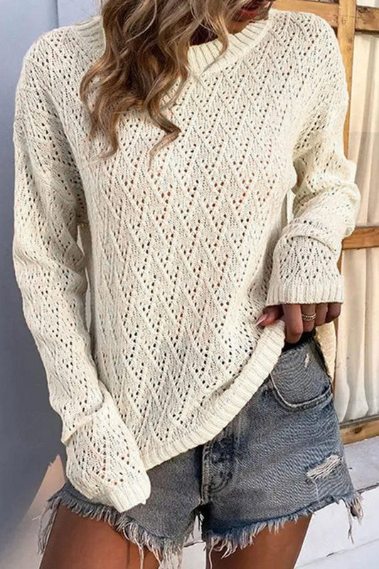 Beige Eyelet Knit Ribbed Trim Sweater - L & M Kee, LLC