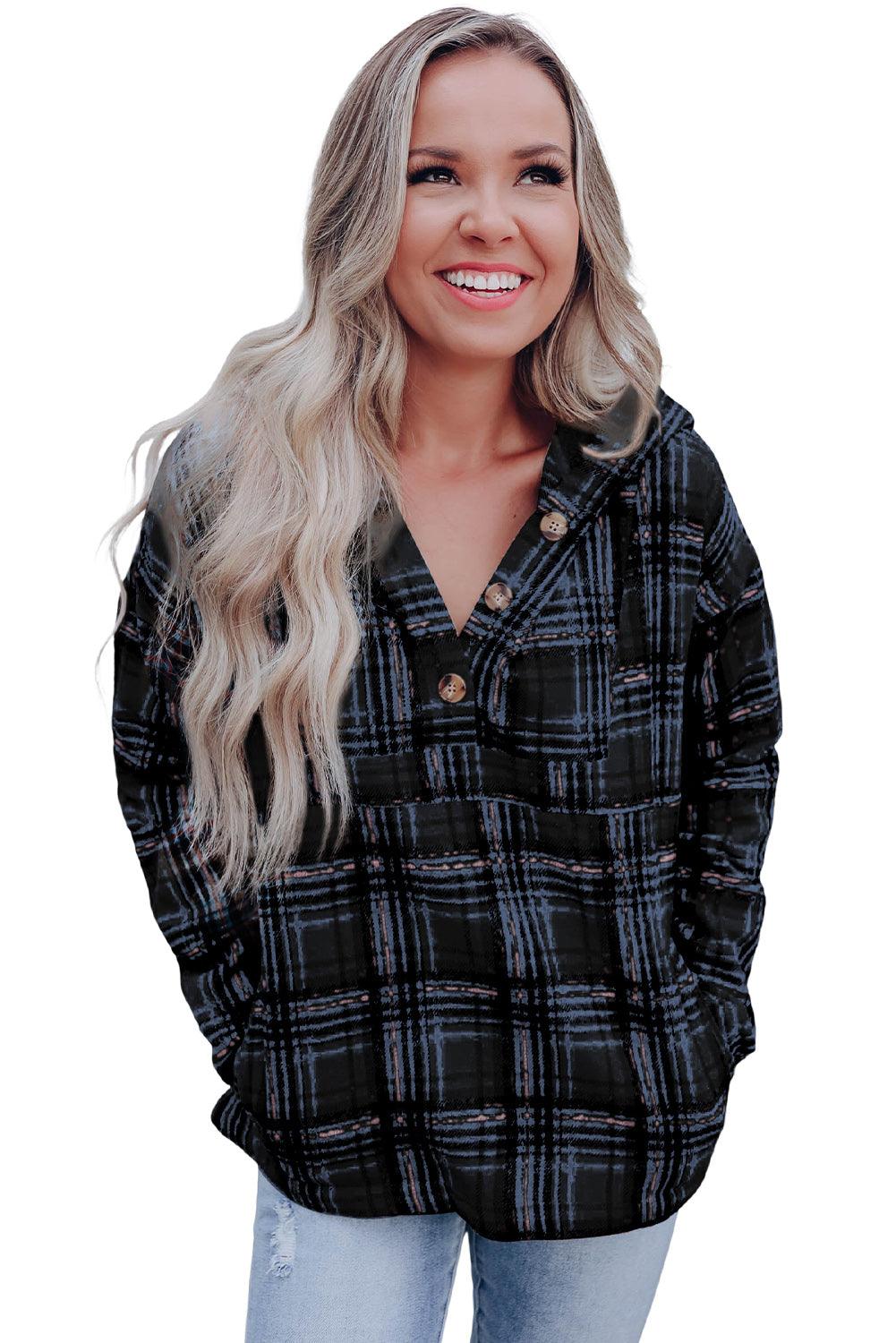 Black Plaid Button Neck Pocketed Pullover Hoodie - L & M Kee, LLC