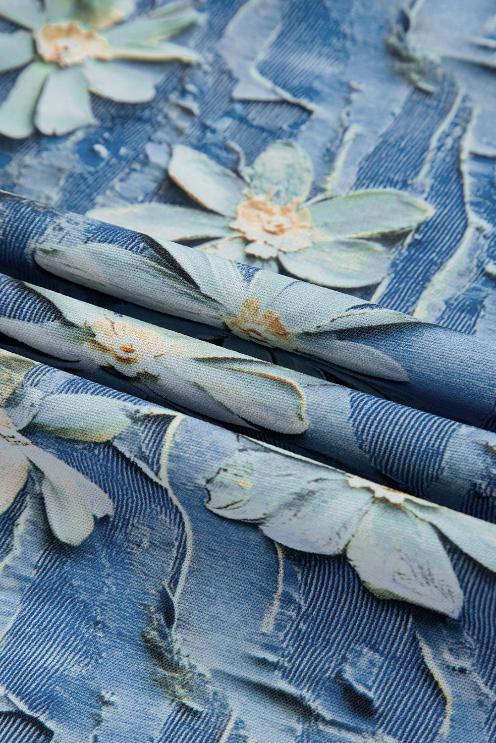 Sky Blue Fall Floral Half Placket Collared V Neck Blouse