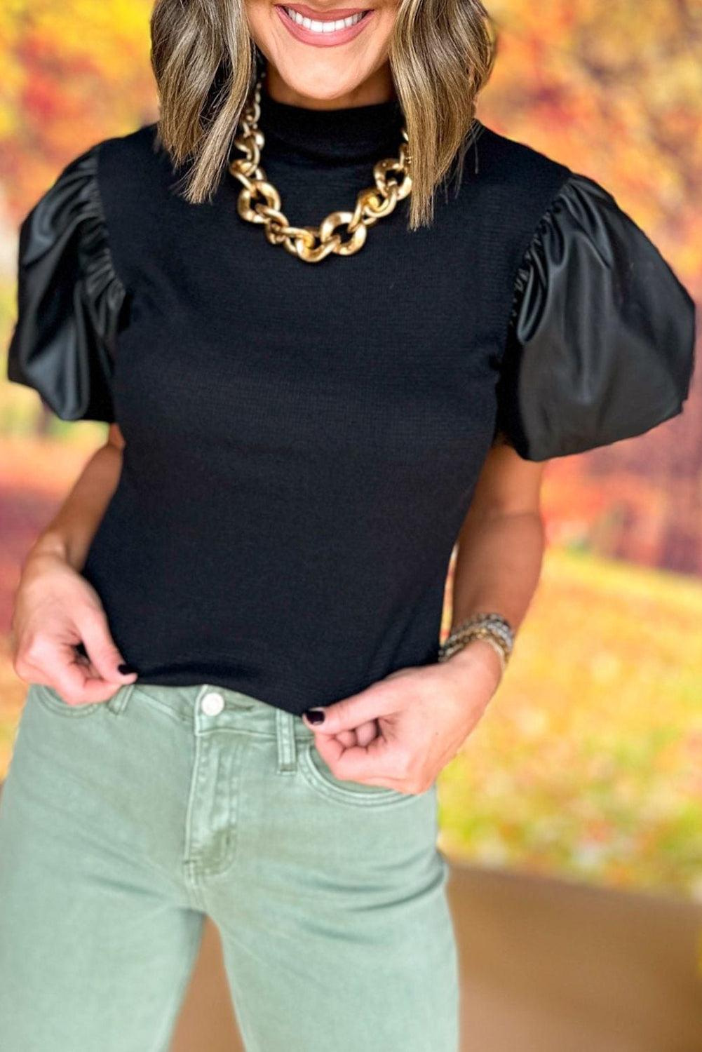 Black Faux Leather Puff Short Sleeve Mock Neck Top - L & M Kee, LLC