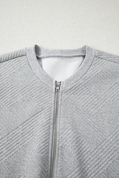 Medium Grey Trendy Textured Half Zip Loose Sweatshirt