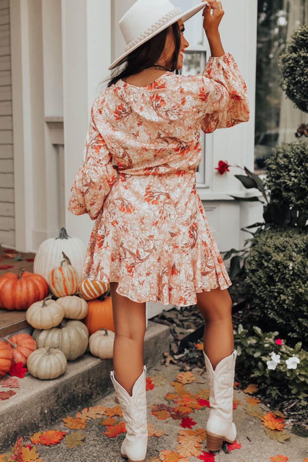 Orange Bubble Sleeve Cinched Waist Floral Dress - L & M Kee, LLC