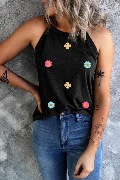 Black Sweet Floral Embroidery Casual Tank Top - L & M Kee, LLC