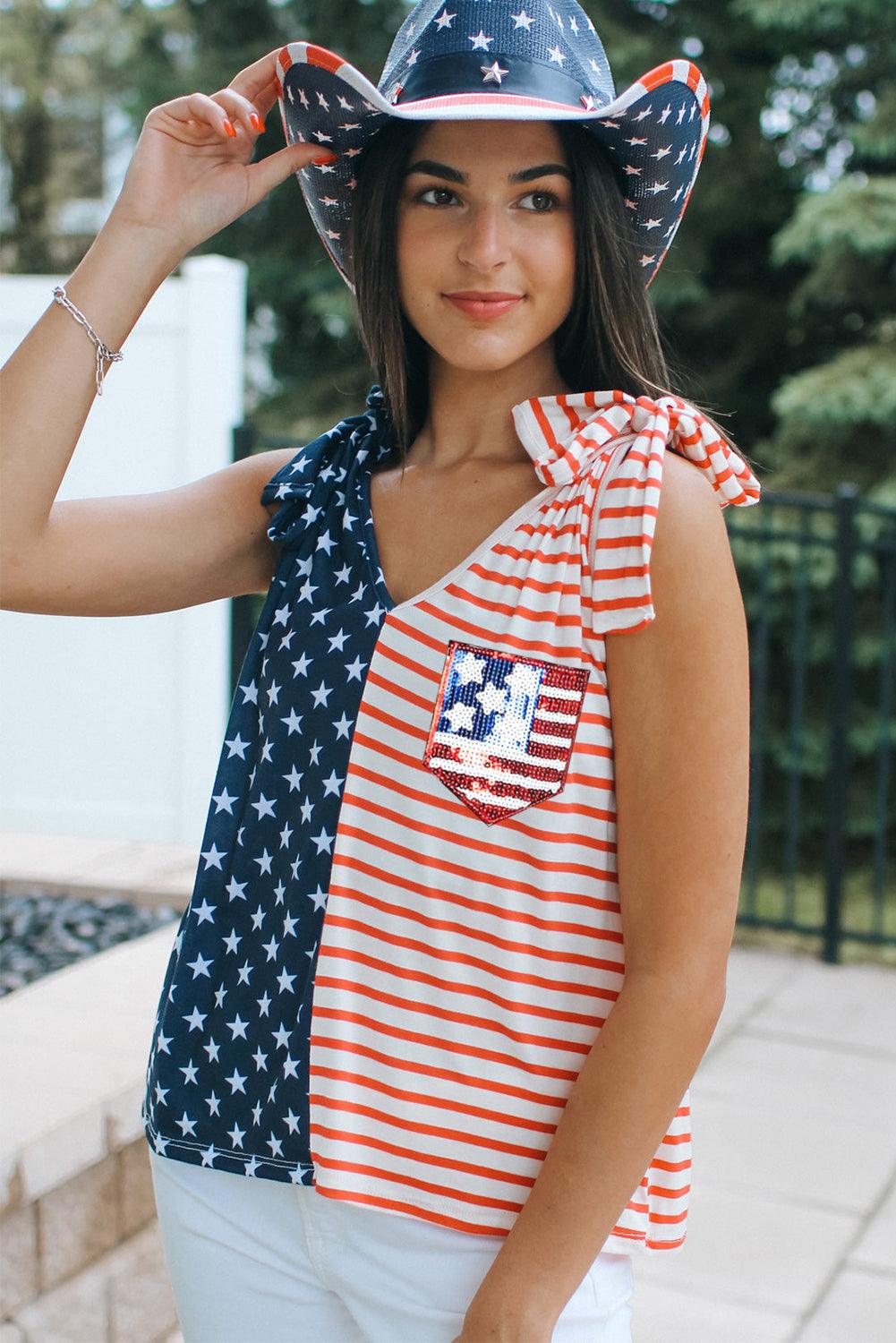 Red American Flag Sequin Patched Tie Shoulder Tank Top - L & M Kee, LLC