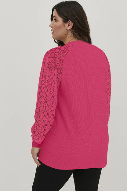 Red Plus Size Contrast Lace Sleeve Waffle Knit Top - L & M Kee, LLC