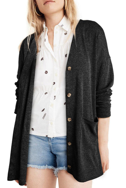 Black Heather Knit Pocketed Button Front Cardigan - L & M Kee, LLC