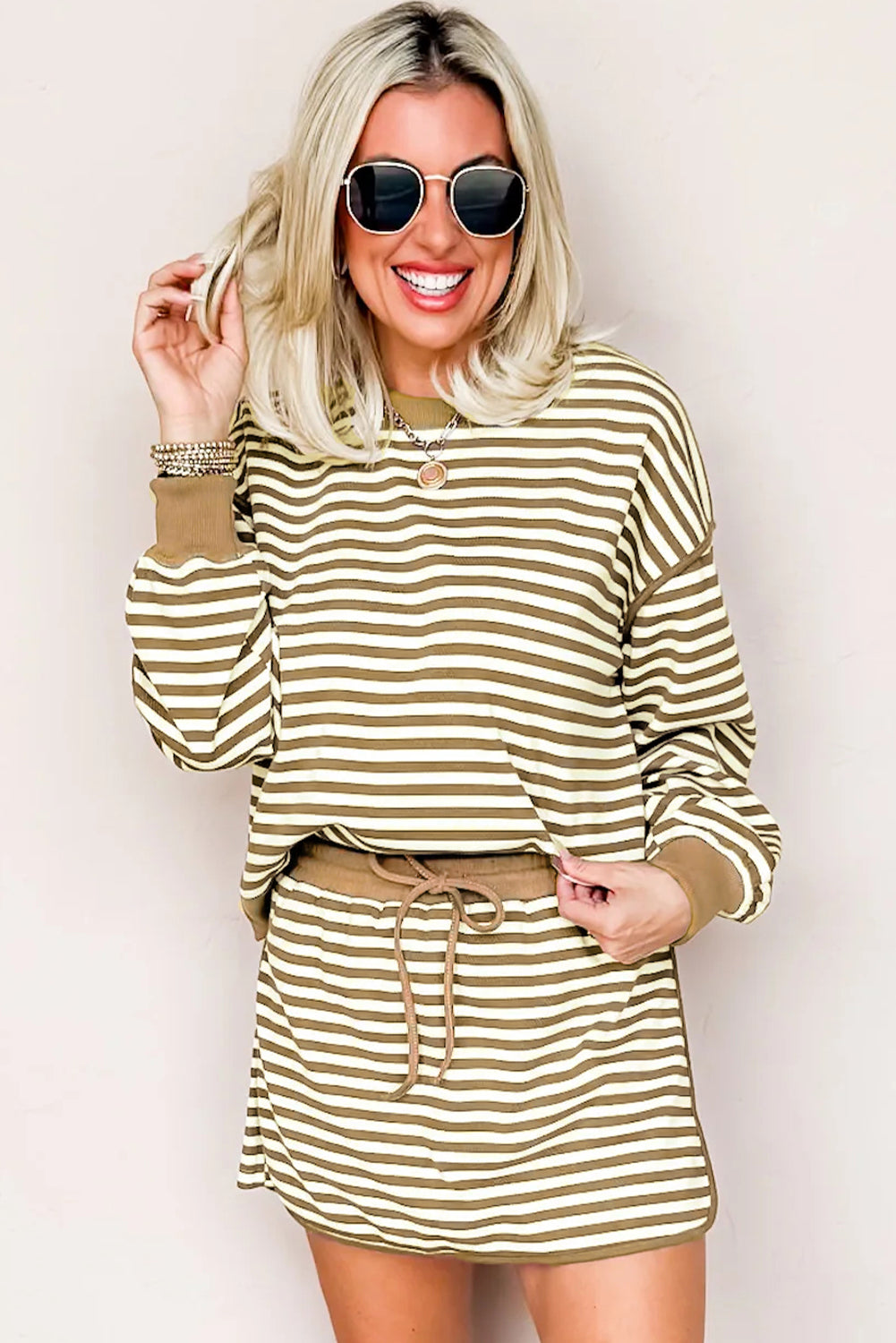Black Stripe Textured Drop Shoulder Pullover Top Drawstring Mini Skirt Two Piece Dress Set