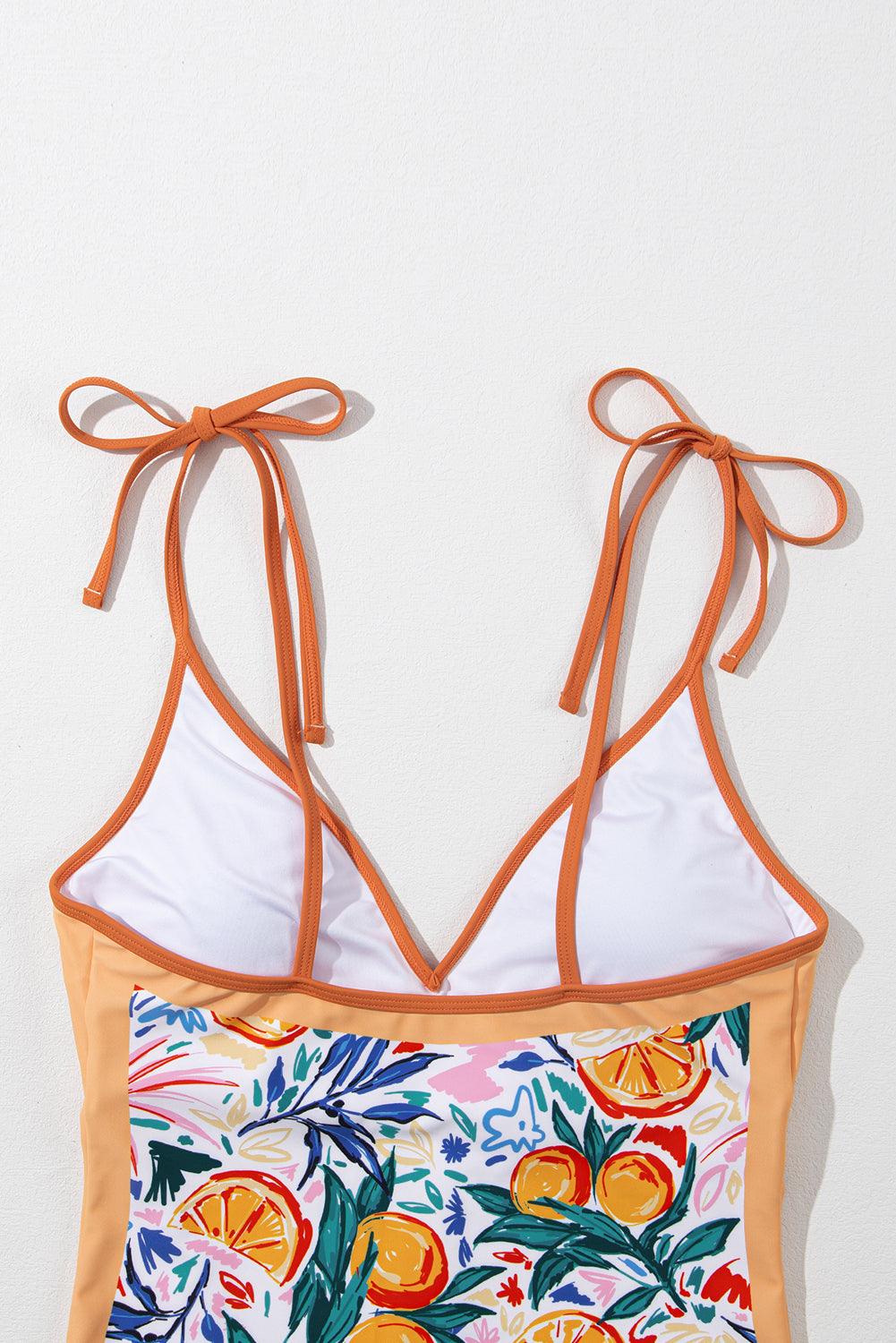 Orange Fruit Plant Print Tied Straps V Neck One Piece Swimsuit - L & M Kee, LLC