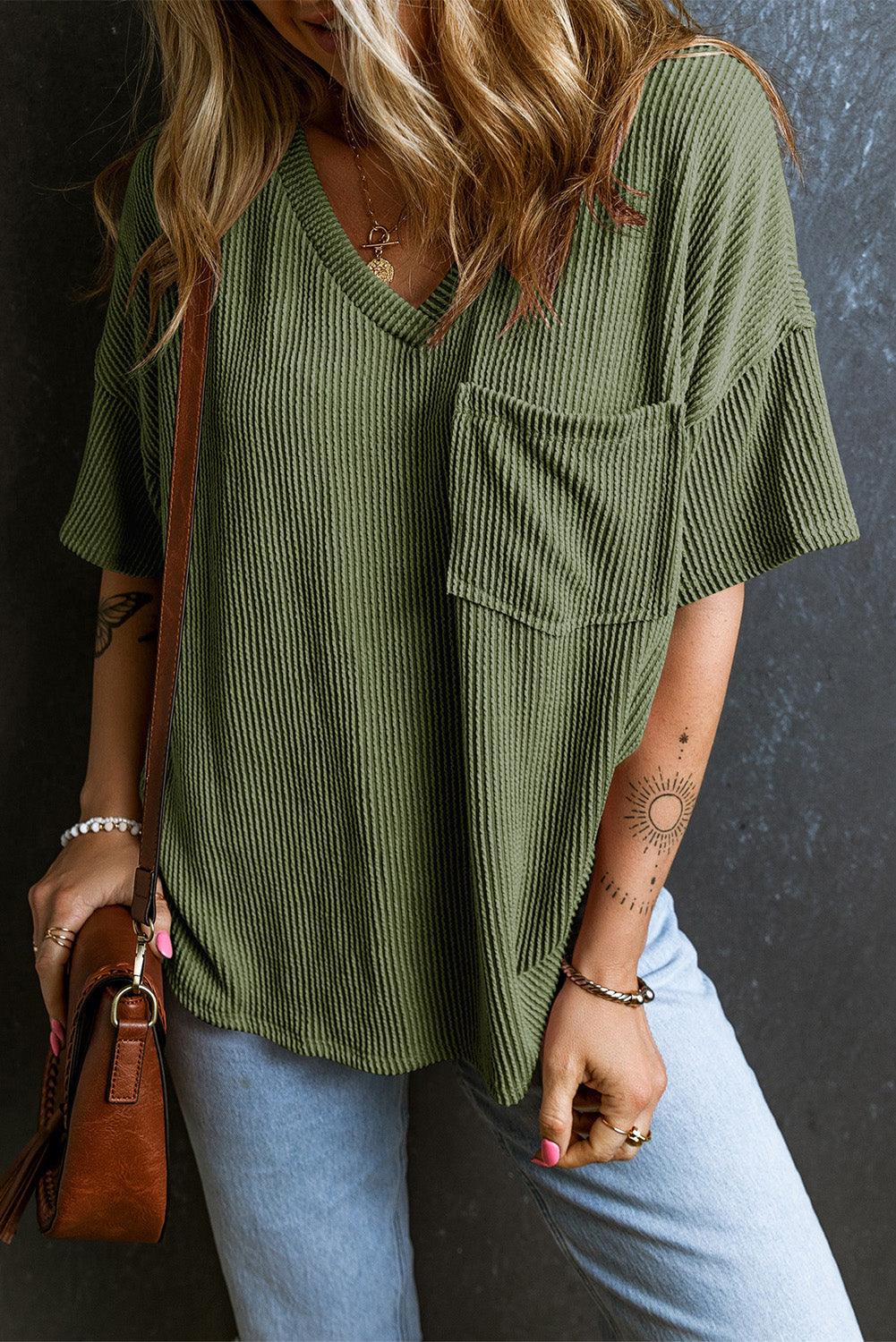 Jungle Green Corded V Neck Chest Pocket Loose T-shirt - L & M Kee, LLC