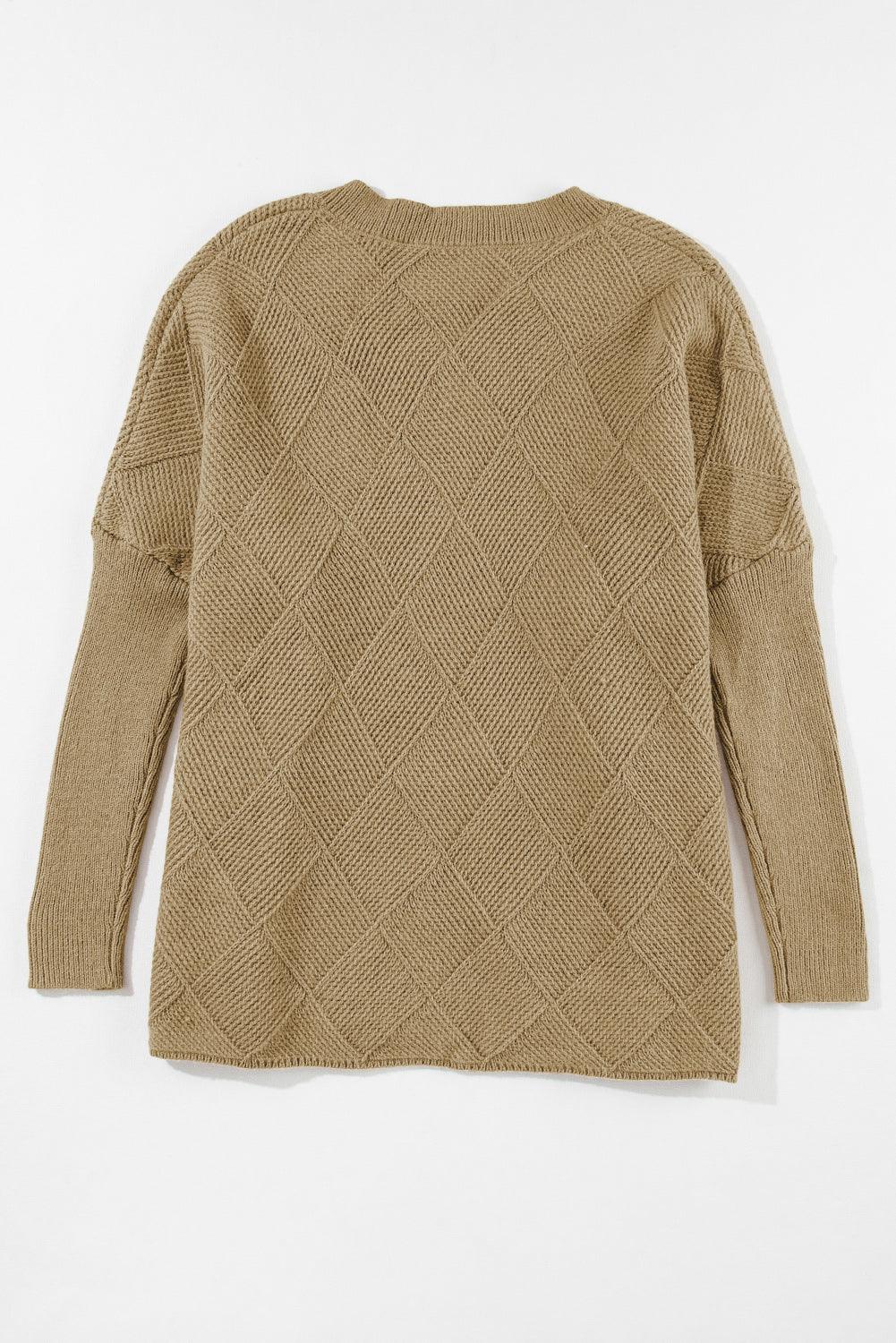 Camel Checkered Textured Batwing Sleeve Sweater - L & M Kee, LLC