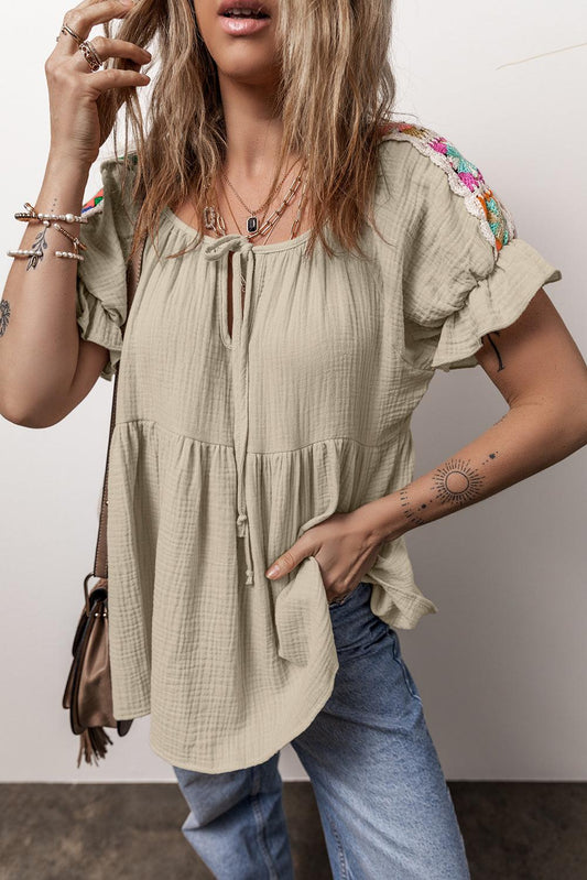 Smoke Gray Crinkle Embroidered Patched Bubble Sleeve Tied Neck Blouse - L & M Kee, LLC