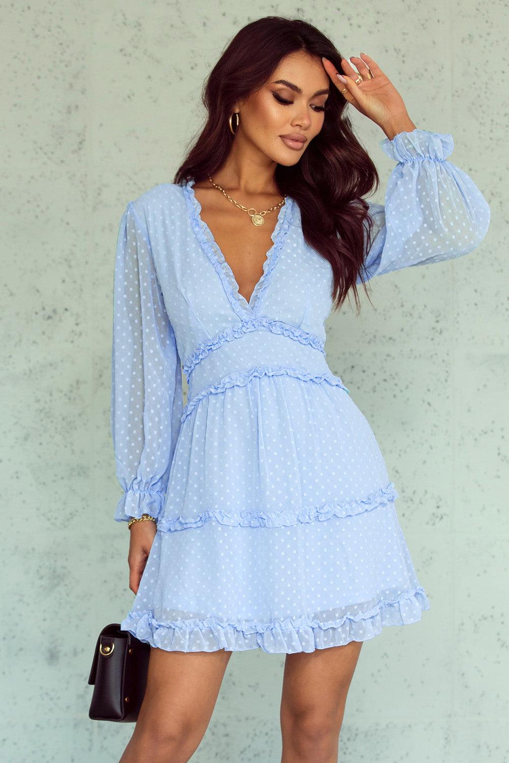 Sky Blue Layered Ruffled Open Back Puff Sleeve Swiss Dot Mini Dress - L & M Kee, LLC